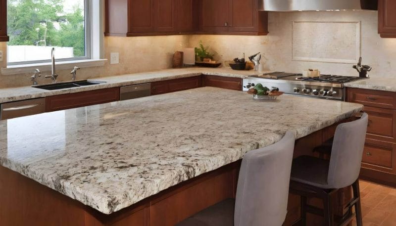 Granite kitchen countertop with brown siding.