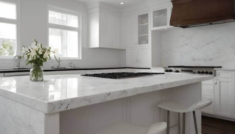 White quartz countertop in kitchen