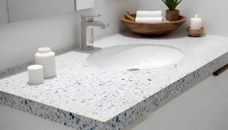 Recycled glass countertop with blue and white pattern