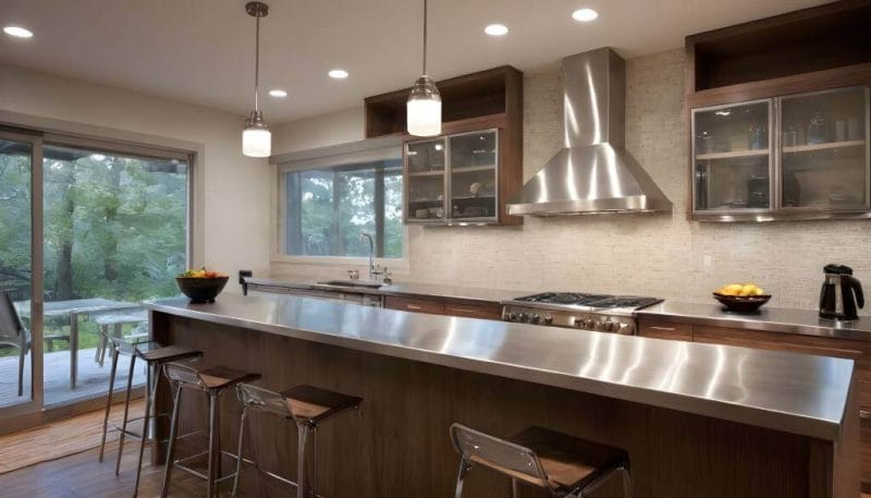 Long stainless steel countertop with bar stools